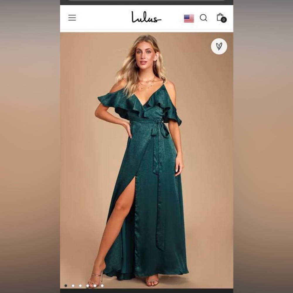 Lulus Moriah Emerald Green Satin Wrap Maxi Dress, size small with tags